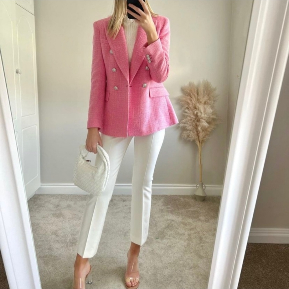 Zara Textured Tweed  Double Breasted  Blazer pink size S - Picture 15 of 17